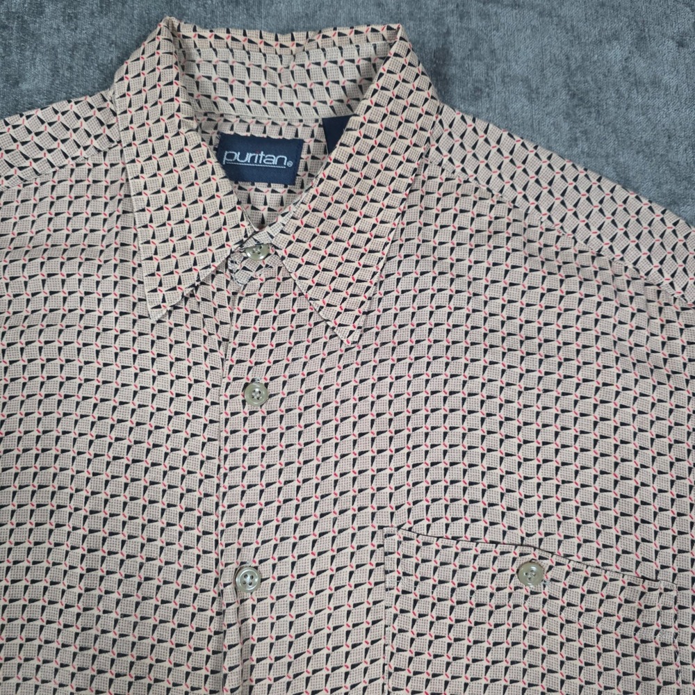 Vtg 80s 90s Puritan Button Up Shirt Mens Medium Tan Geometric Print Rayon M